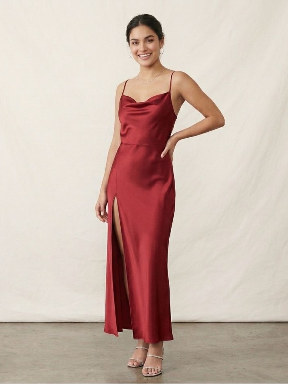 Bias Satin Slip Midi Dress in Wine Red